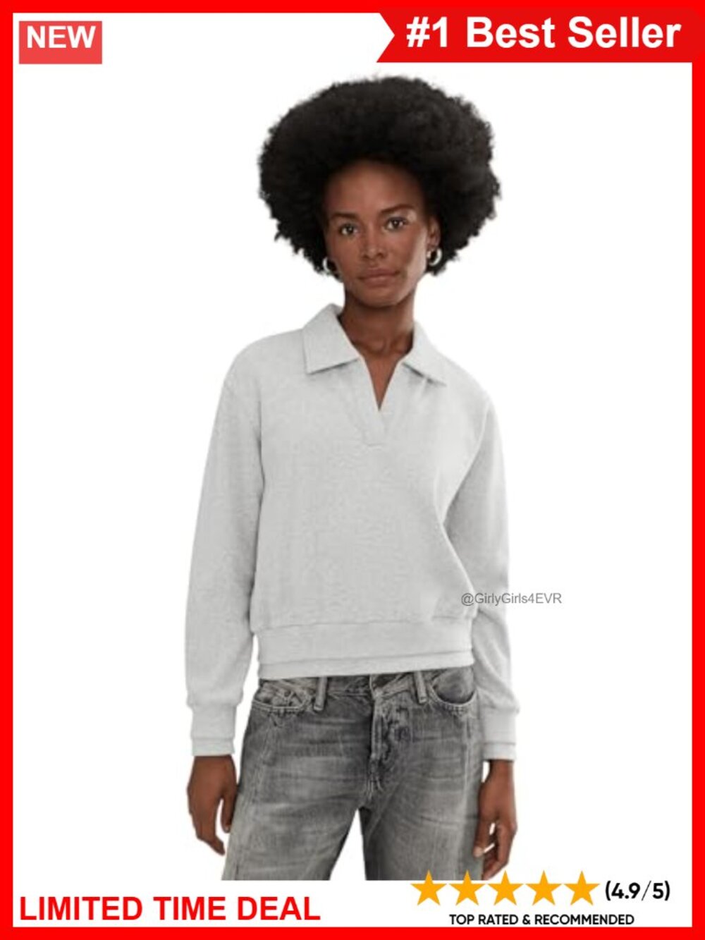 Johnny Collar Sherpa Fleece Sweatshirt V-Neck Pullover Relaxed Fit
